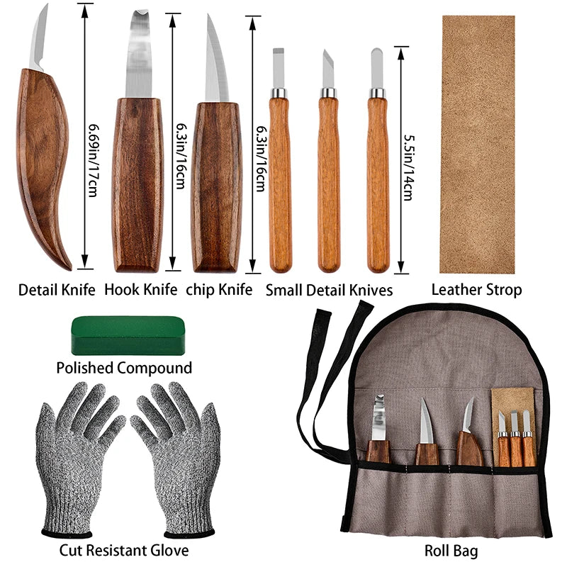 10Pcs Wood Carving Tools Set with Detail Wood Carving Knife Wood Chisel Knife Gloves Carving Knife Sharpener for Spoon Bowl Cup