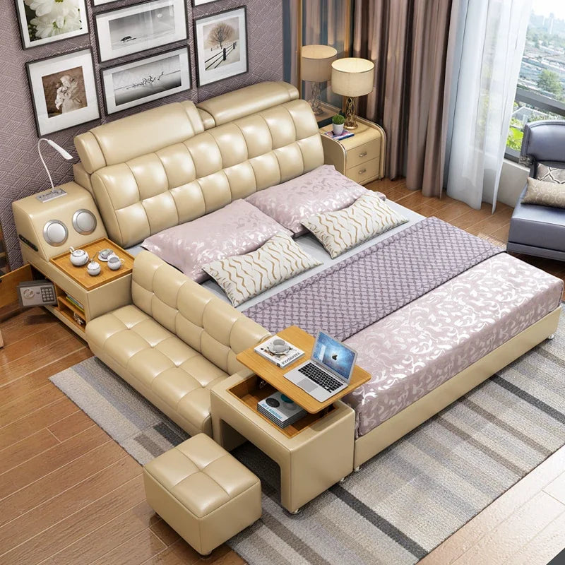 Ultimate Bed Frames Tech Smart Multifunctional Bed with Genuine Leather, Sofa, USB, Bluetooth Speaker, Tatami and Safe