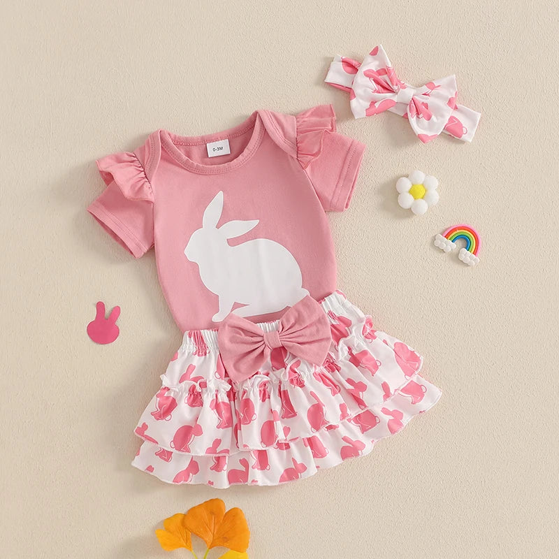 Adorable Baby Easter Outfit with Bunny Print Short Sleeve Romper Ruffled Shorts and Matching Headband - 3 Piece Set for Girls