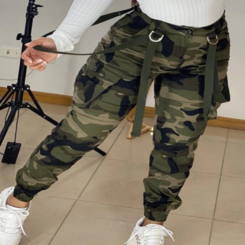 New Camouflage Webbing Tactical Pants Multi-pocket Women's Trousers Outdoor Casual Cargo Long Pants Summer New Women Activewear