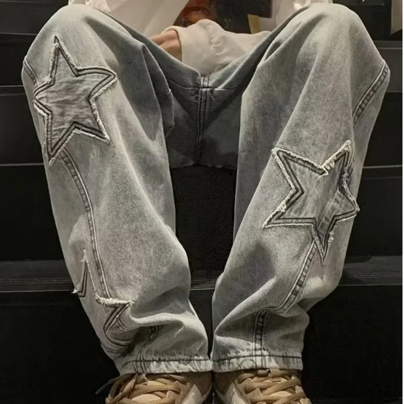 Star Embroidery Straight Casual Men Jeans Gothic Neutral New Wide Leg Loose Hip-hop Streetwear Denim Trousers Y2K pants man