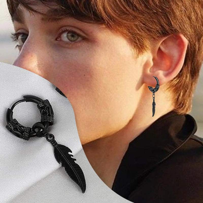 Feather Pendant Earrings Ear Hoops for Men and Women Stainless Steel