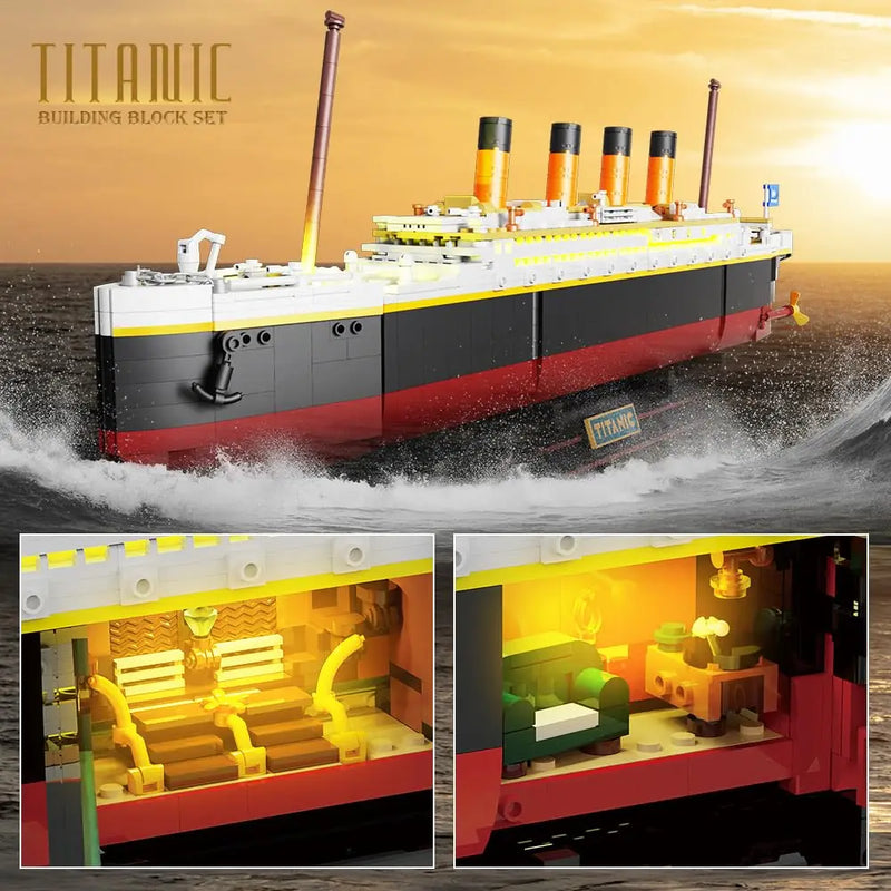 Titanic Building Set with LED-2 in 1 Titanic Ship Mini Block Ship Model with Glacier Display Stand Toy Gift for Adults Kids10+