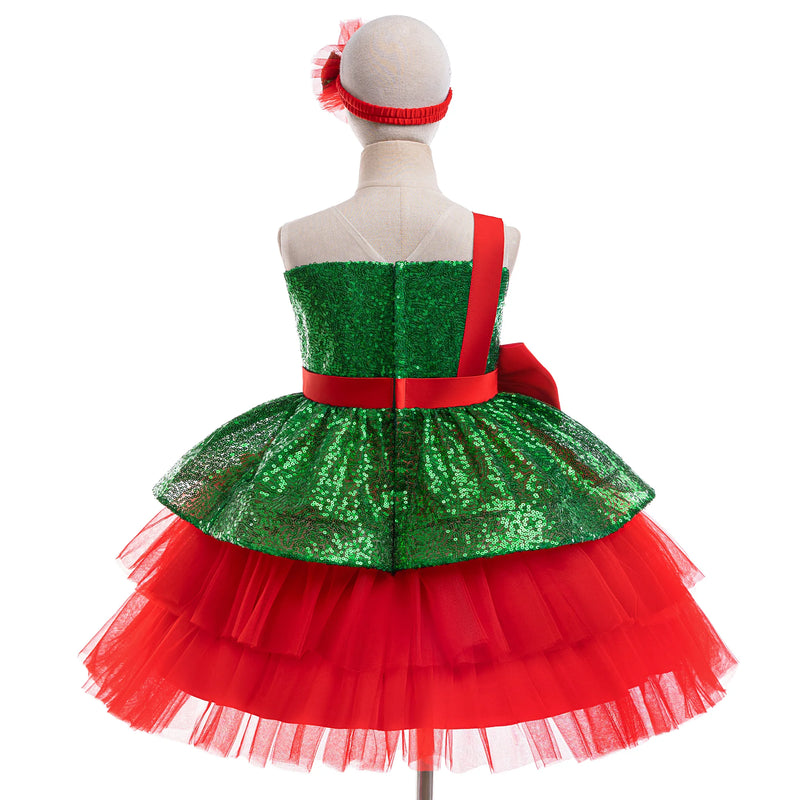 Big Bow Sequin Christmas Costumes for Girls Carnival Cosplay Halloween Green Birthday Party Princess Dress Wedding Kids Clothes