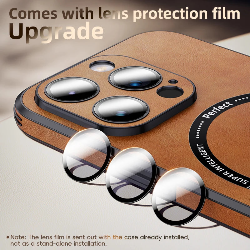 Luxury Shockproof Glass Lens Protect Magnetic Leather Phone Case For iPhone 15 14 13 12 11 Pro Max Mobile Cover Magsafe Funda
