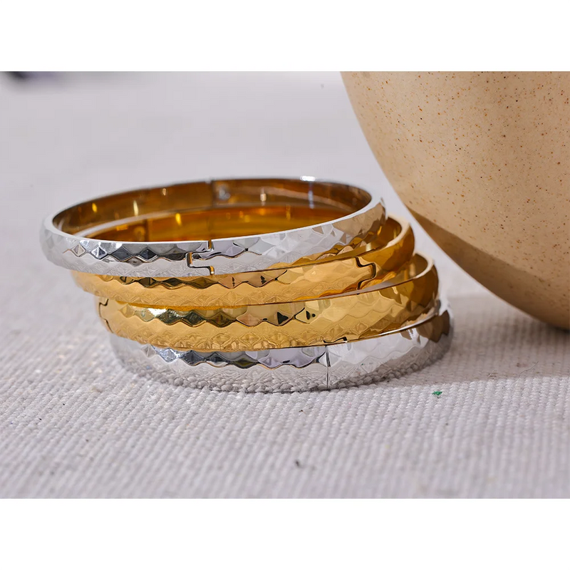 Yhpup 60mm 316l Stainless Steel Round Texture Bracelet Bangle Gold Silver Color Metal Waterproof Wrist Jewelry Bijoux Gift