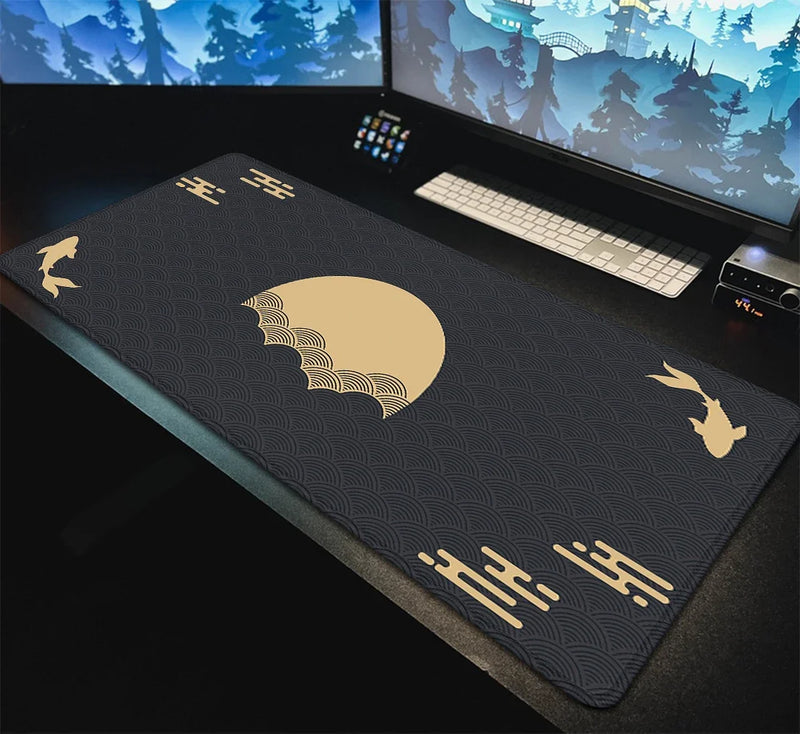 Japanese Desk Mat Black & Red Mouse Pad Koi Fish Sun Cloud Japan Art Seal Sunrise Large XXL Gaming Deskmat Rubber Mousepad 90x40