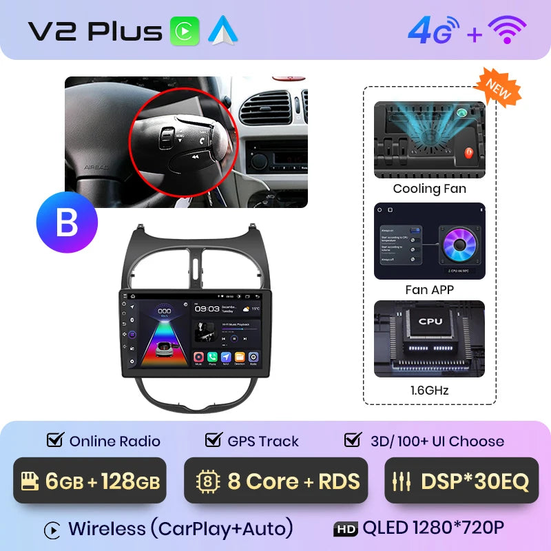 Junsun V1 Wireless CarPlay AndroidAuto Radio For Peugeot 206 206CC 206SW 2001-2008 4G Car Intelligent Systems 2Din Autoradio GPS
