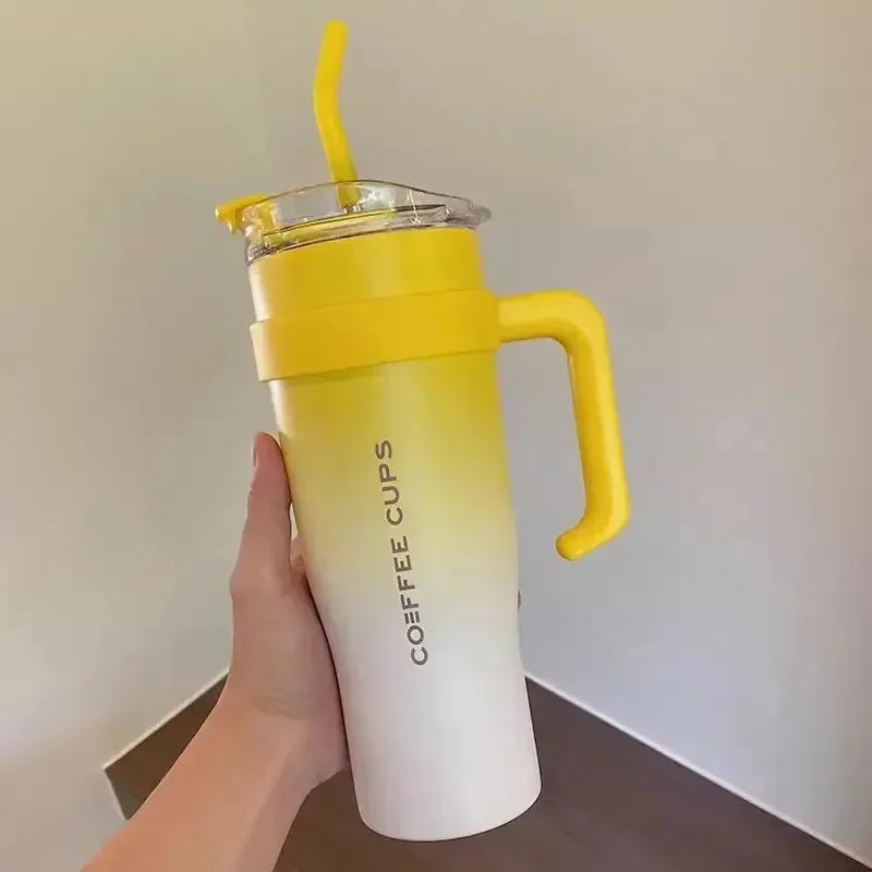 Car-Mounted Dormitory EssentialSam Straw Water Cup Stainless Steel Thermos Cup Large Capacity New Flat Cup Cup with Lid