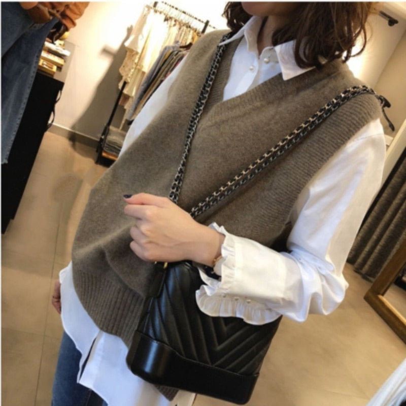 Pullover Vest Sweater Autumn Winter Knitted Women Sweaters Vest Sleeveless Warm Sweater Casual Oversize Fall V Neck Girls Tops
