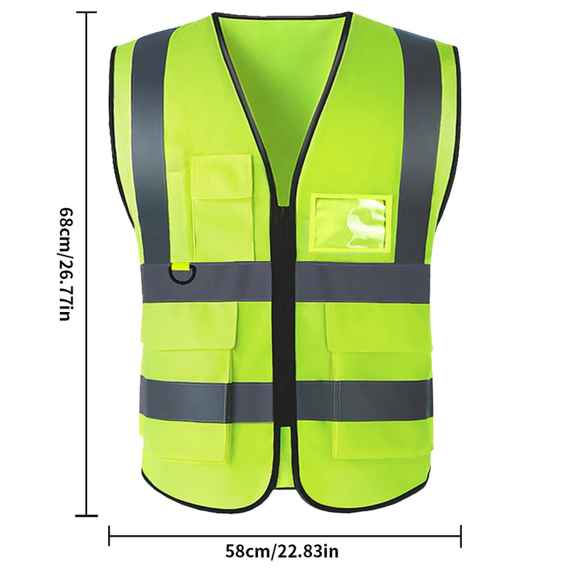 Reflective Safety Vest High Visibility Night Work Security Sleeveless Yellow Vest Construction Workwear Zipper & Pockets Adults