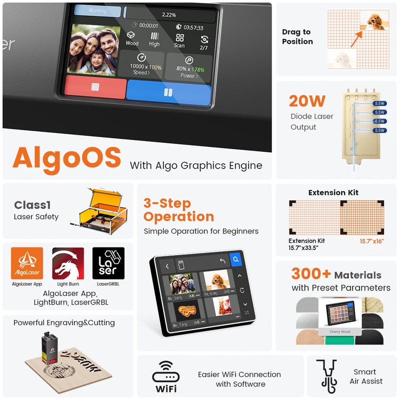 AlgoLaser Alpha 22W Business Laser Cutting Machine 3.5"Touch Screen APP Offline Control, DIY Engraver Tool for Metal/Glass/Wood