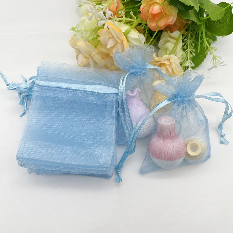 Sky Blue Gift Bag, Drawstring Organza Bag, Wedding Packaging, Jewelry Storage Bags, Mesh Sachet Pouch, 100Pcs