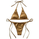 Sexy Women's Metallic Halter Top Two Piece Swimsuit Tie Side Triangle Bikini Summer Solid Bathing Suit Beachwear Bikini Set