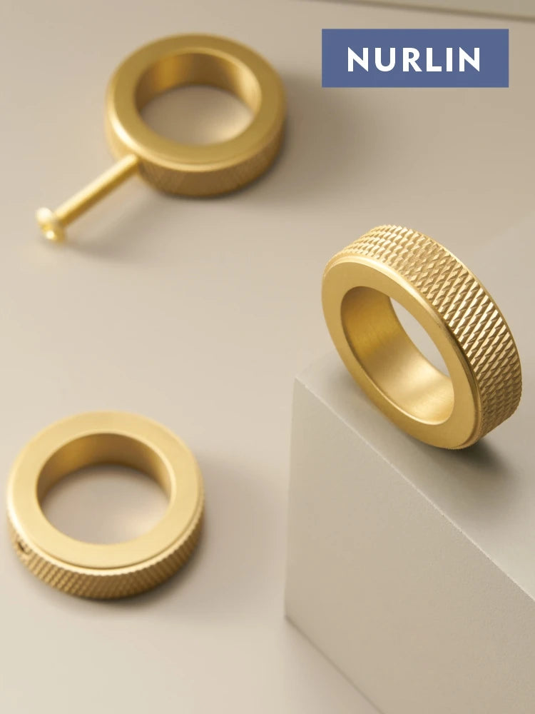 Nurlin Solid Brass Diamond-cut Cross Knurled Circular Ring Cabinet Wardrobe Knobs Furniture Drawer Finger Ring Handle Knurling