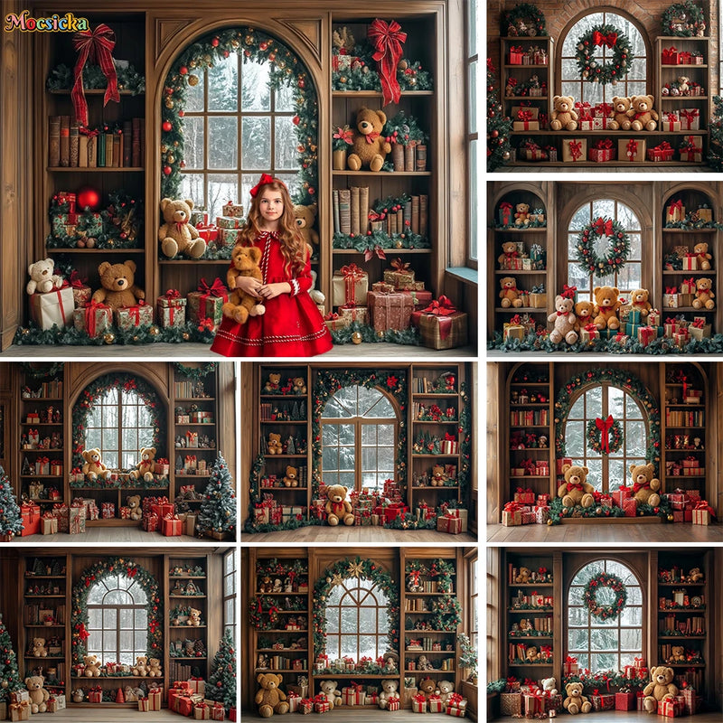 Christmas Toy Bear Gift Room Background Photography Kids Baby Show Wooden Bookshelf Window Backdrop Winter Xmas Tree Gift Booth