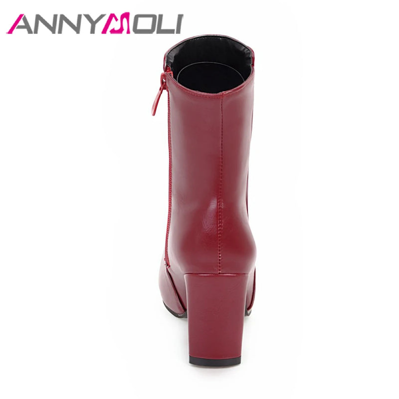 ANNYMOLI Thick High Heel Boots Square Toe Winter Boots Women Ankle Boots  Zipper Ladies Autumn Shoes White Black Red Size 33-43