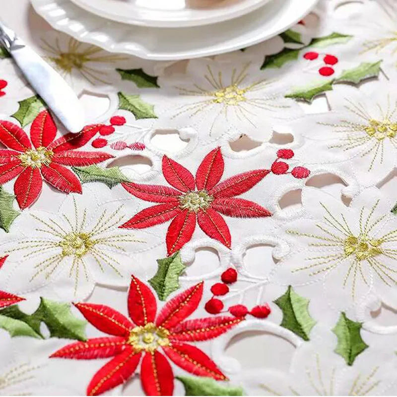 Popular satin Embroidery Christmas Poinsettia flower bed Table Runner flag cover coffee tablecloth party New year home decor