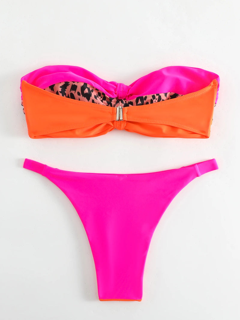 Sexy Bandeau Bikini Women Hot Pink Leopard Print Contrast Front Tie Push Up Micro Swimsuit 2024 Bathing Suit Triangle Swimwear