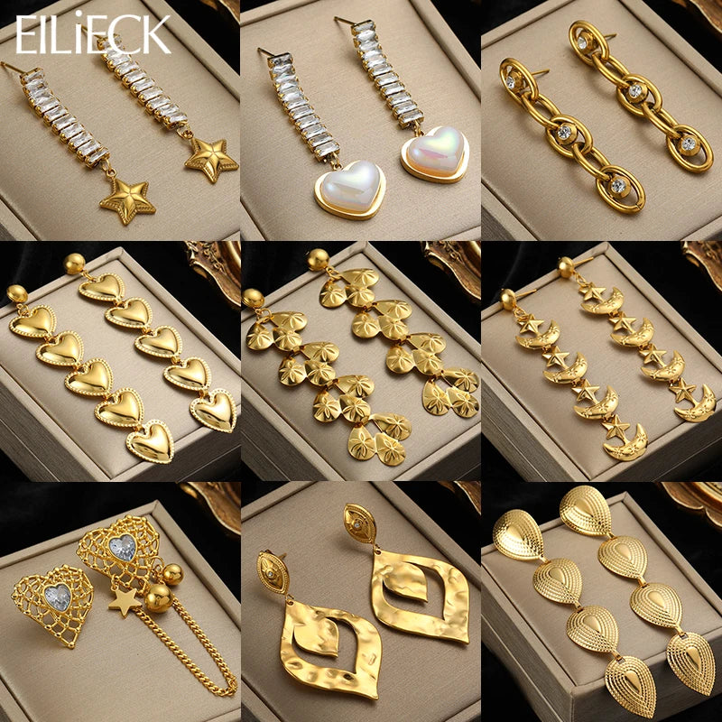 EILIECK 316L Stainless Steel Gold Color Long Pendant Tassel Drop Earrings For Women Fashion Trendy Ears Jewelry Wedding Gifts