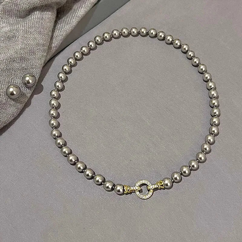 ANENJERY 6/8/10MM Gray Imitation Pearl Beads Chain Necklace for Women 2024 Trend Elegant Lady Necklace Jewelry Gifts