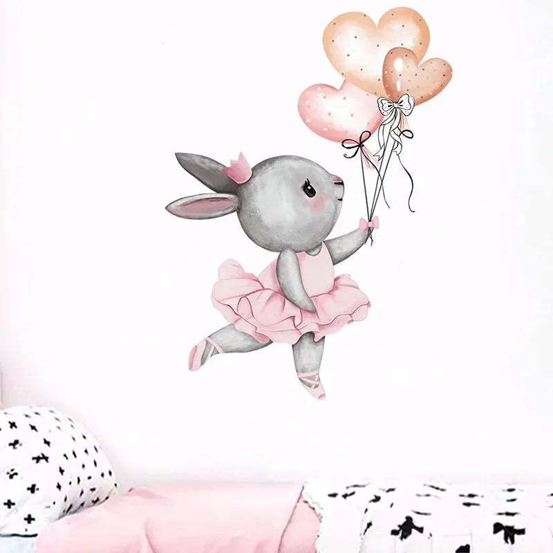 1Pc Balloon Dance Rabbit Wall Stickers Children Girls Room Decoration Bedroom Gift Nursery Kids Roomdecor for Living Room