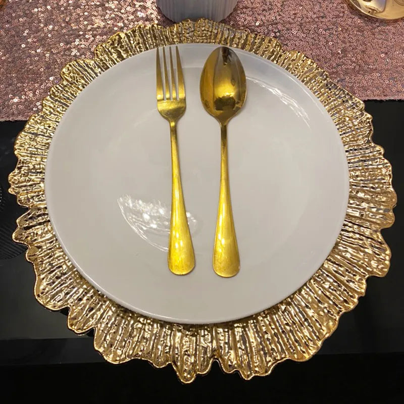 1PC Reef Charger Plate Plastic Decorative Service Plate Gold Silver Dinner Serving Wedding Christmas Decor Table Place Setting