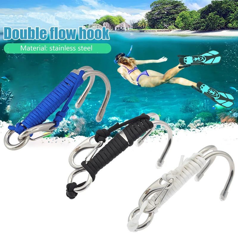 Double Head Drift Hook Lightweight Stainless Steel Spiral Coil Lanyard Scuba Diving Drift Reef Hook Rope Outdoor Underwater Hook