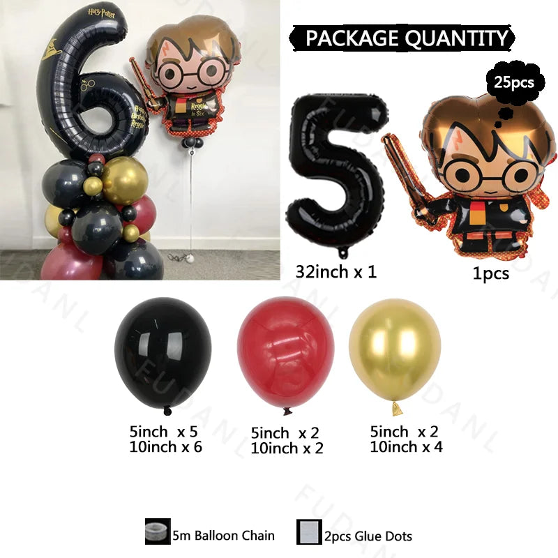 25pcs Harry Potter Theme Balloon Column 32inch Black Number 1-9th Children Birthday Baby Shower Party Decoration Globos Supplies