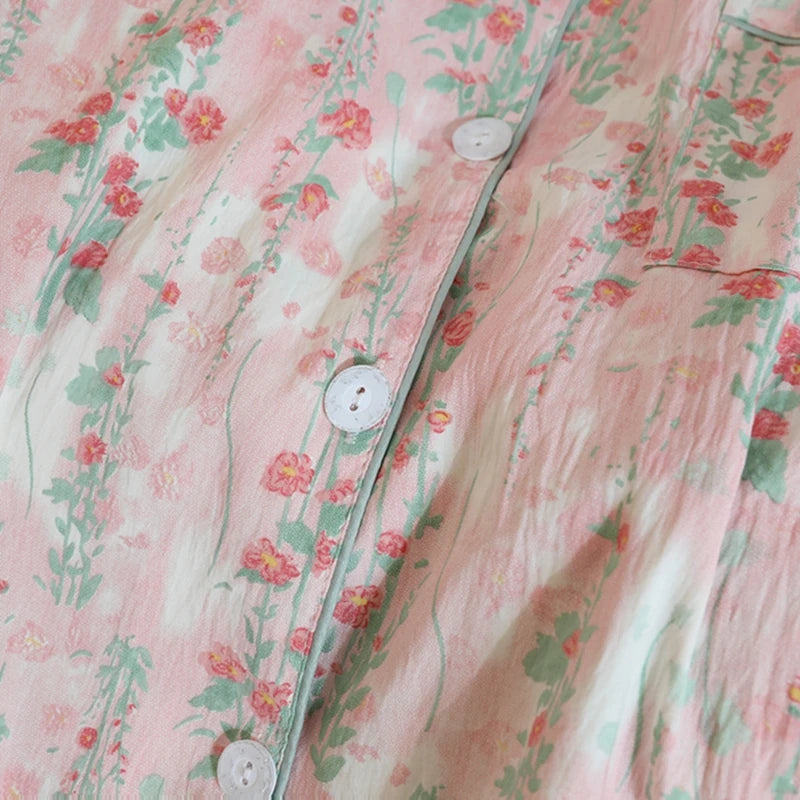 Flower Print Women Autumn Two Piece Pajama Set Long Sleeve V Neck Top & Elastic Waist Pants 2 Pieces Female Sleepwear Nightwear