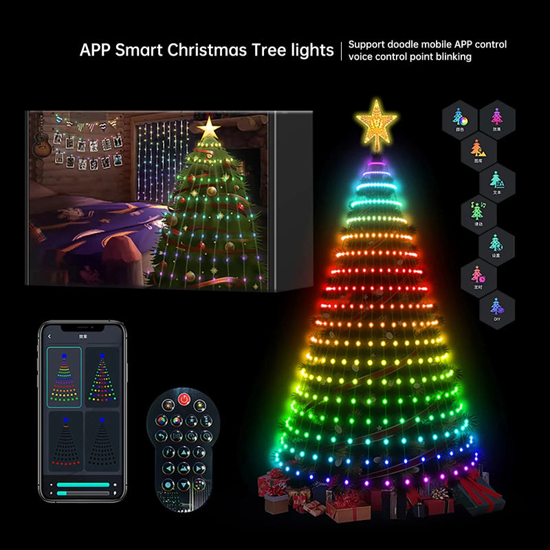 Smart Christmas Tree Toppers Lights App DIY Picture LED RGB String Light Bluetooth Control LED Star String Waterfall Xmas