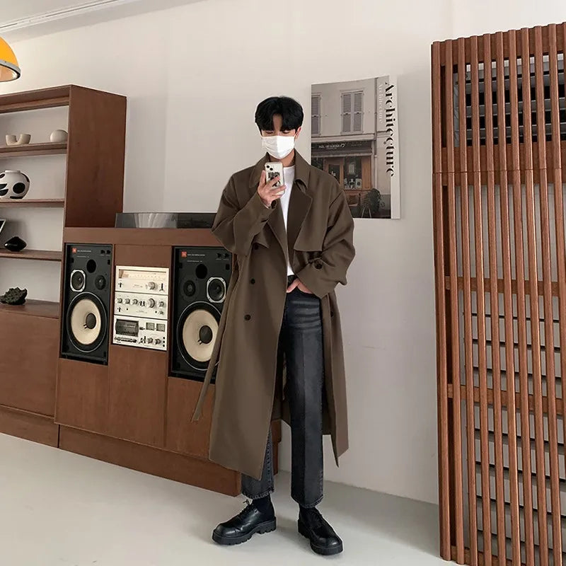 Trench Men Coat British Style Solid Double Breasted Oversize Leisure Long Coats Stylish Outwear Hombre Korean Style Windbreaker