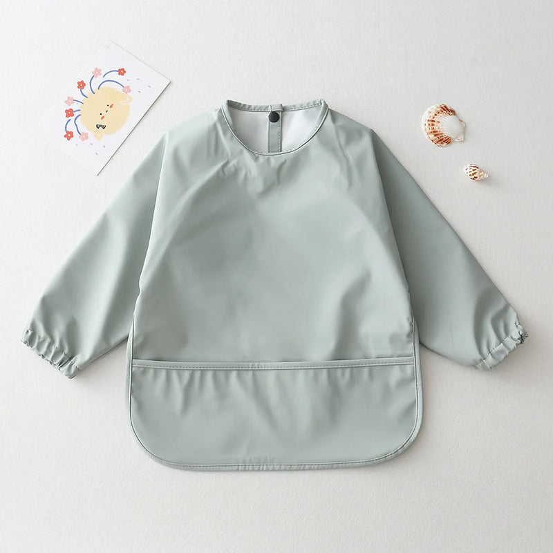 Solid Color Kids Baby Feeding Bibs Waterproof Long Sleeve Apron with Pocket Toddler Burp Cloth Boys Girls Anti-dirty Art Smock