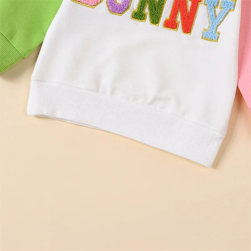 Toddler Girls Boys Sweatshirts Easter Clothes Fuzzy Letter Embroidery Contrast Color Long Sleeve Pullovers Baby Spring Tops