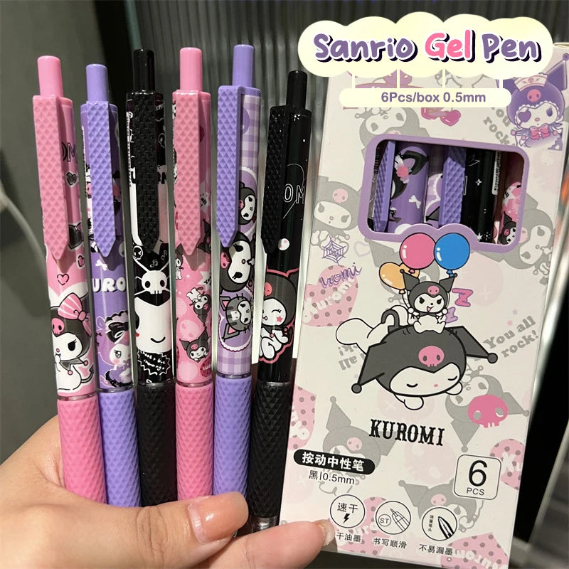 1/6Pcs/box Kawaii Sanrio Gel Pens Cute Kuromi Hello Kitty Melody 0.5mm Black Ink Press Water-based Pen Office Signature Pen