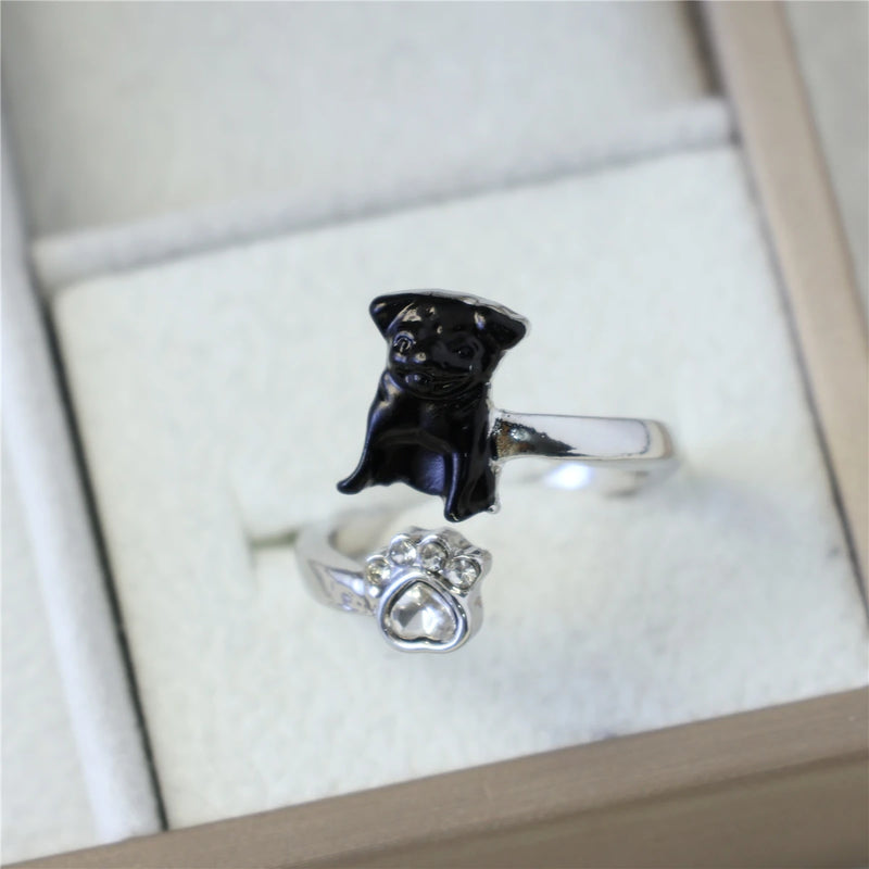 1Pc Cute Black Pug Dog Paw Open Ring Exquisite Women's Dog Jewelry Fashion Daily Accessories Perfect Gift for Dog Lovers