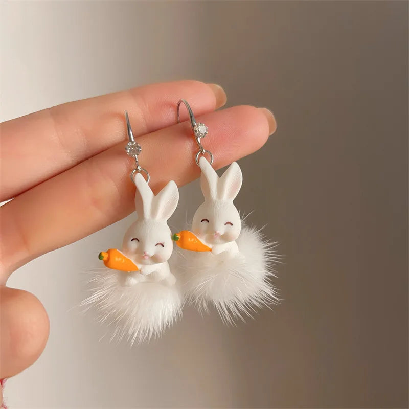 Bear Earrings for Women Girls 2023 Fashion Korea Silver Needle Autumn and Winter Earrings Cute Flocking Rabbit Ear Studs Jewelry