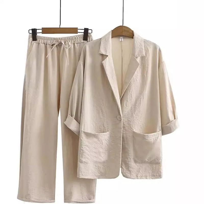 New European and American women's autumn commuting suit set, cotton and linen jacket pants, loose and fashionable casual wear