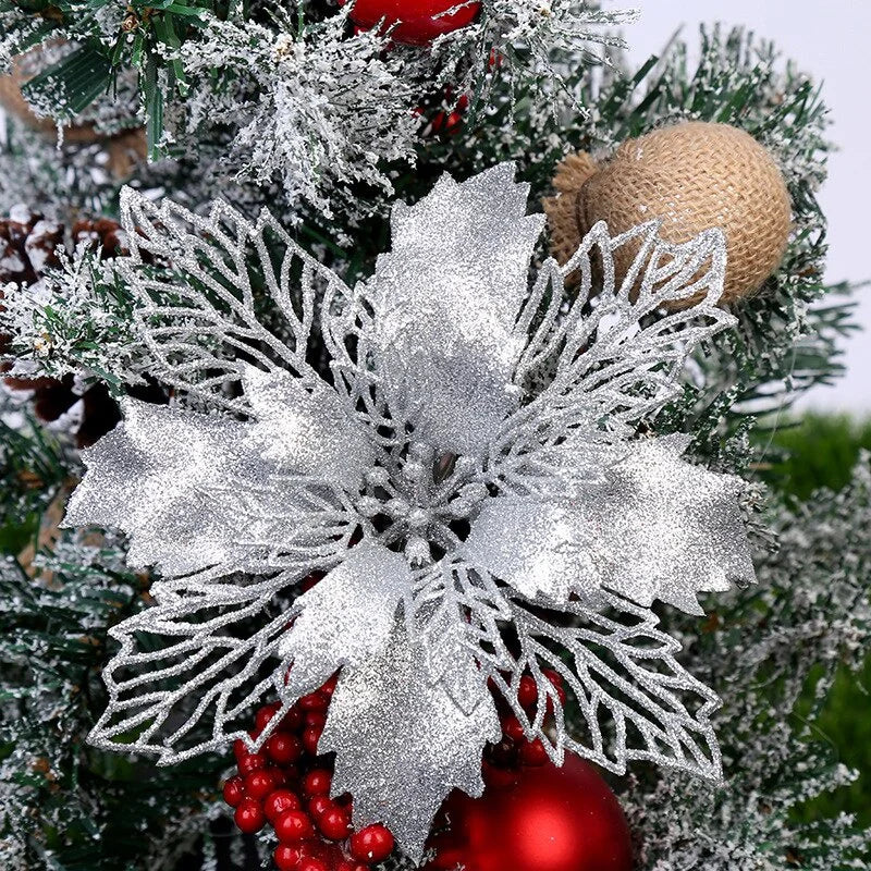 5/10Pcs 9CM Christmas Decoration Artificial Flowers Xma Tree Pendant Ornaments Home Decor Navidad New Year 2025 Party Supplies