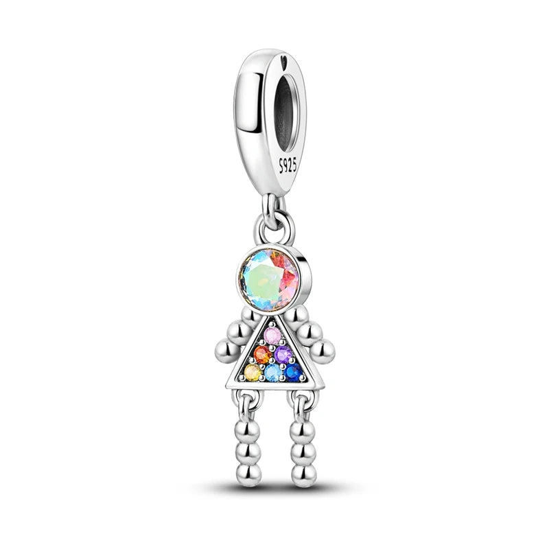 Silver Plated Boy Girl Couple Lovers Beads Charms Zirconium Dangle Fit Original Pandora Bracelet Necklace Jewelry Women