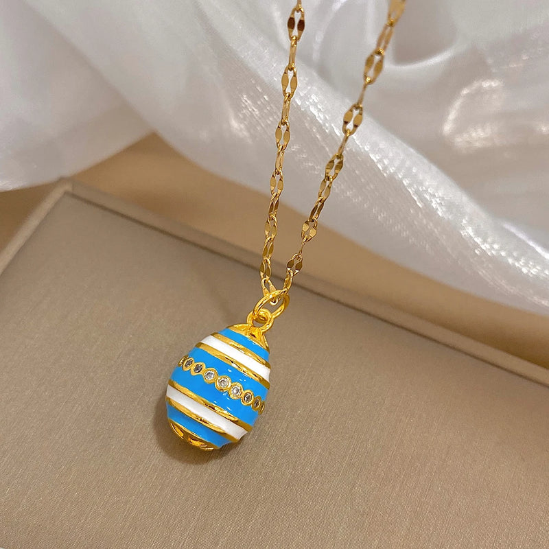 Greatera Colorful Enamel Easter Egg Pendant Necklaces for Women Guilloche Locket Egg Gold Plated Chain Necklaces Party Jewelry