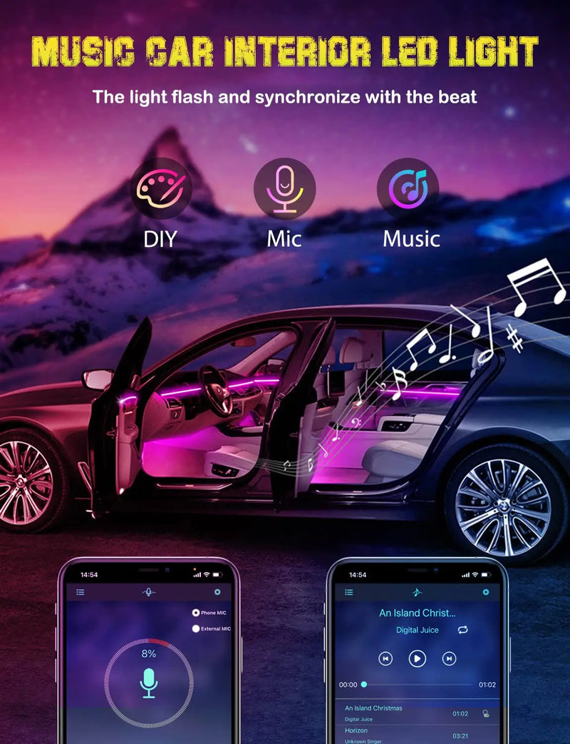 Neon Car LED Interior Ambient Lights 315 Inch Fiber Optic RGB Strip USB APP Remote Sound Control Auto Atmosphere Decorative Lamp
