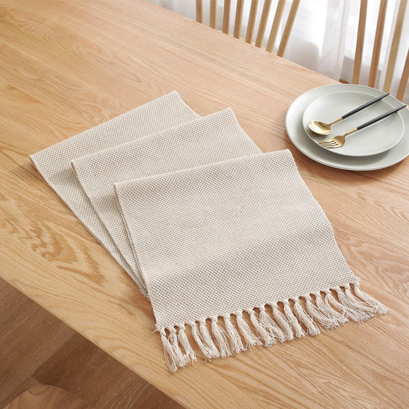 Minthome Simple Table Runner Solid Color Handmade Tassled Cotton Linen Table Runner Household Tea Table Flag