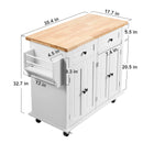 SucceBuy 2-Door 1/2 3-Drawer White Mobile Kitchen Island Rubber Wood Desktop Rolling Kitchen Cart with Wheels for Bar Storage