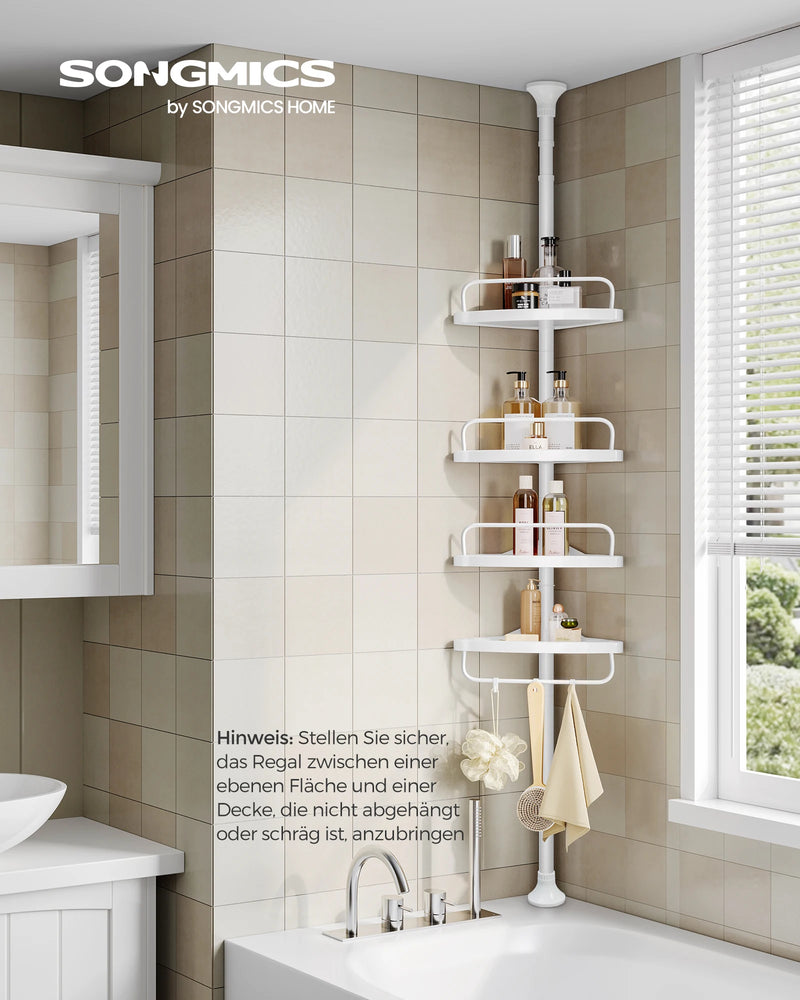 85-305 cm height adjustable shower rack with 4 trays bathroom shelf, shower corner no drilling necessary, white/black