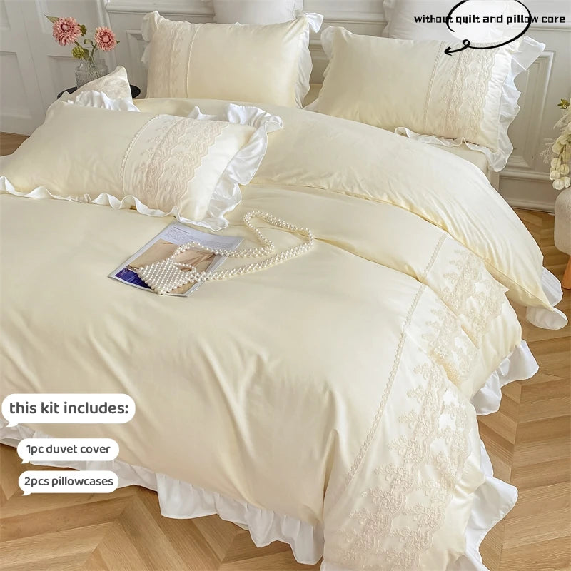 3pcs Princess style pillowcase set, duvet cover set with pillowcases, Lace bedding set, king and double, beige
