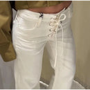 Elegant Women's Low Rise White Denim Jeans With Waist-Tie Design Comfortable Fit Straight Leg Pant Casual Daily Female Trousers