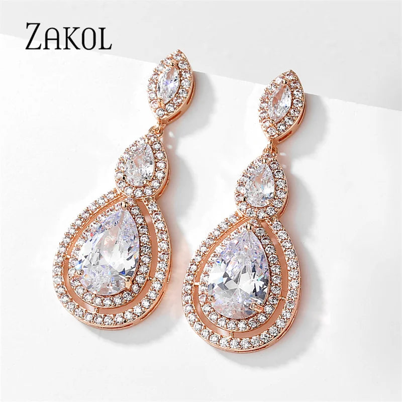 ZAKOL Brilliant White Cubic Zirconia Dangle Earrings for Women Fashion Water Drop Earring Evening Party Bridal Wedding Jewelry