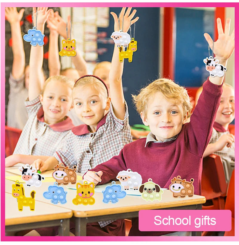 10/40Pcs Cartoon Animal Pop Keychain Hanging Stress Relief Toys Kids Birthday Party Favors Guests Gift Goodie Bag Pinata Filler