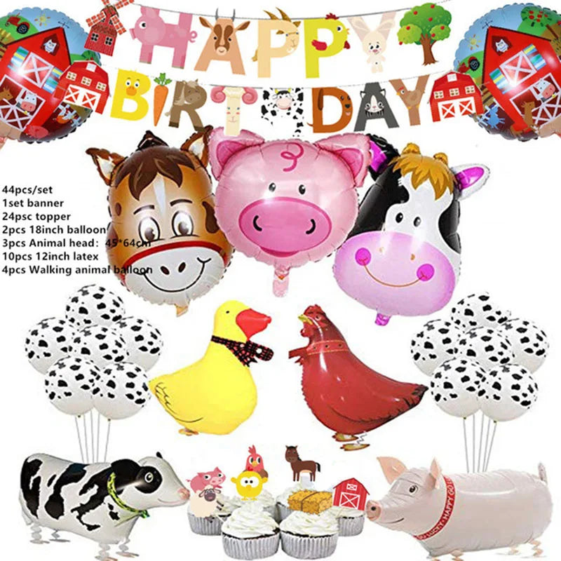 Farm Animal Theme Birthday Party Decorations Ranch Event Suppplies Cow Chicken Disposable Tableware Latex Aluminum Foil Balloon